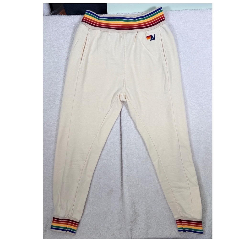 Aviator Nation Cream Track Joggers with Rainbow Waistband